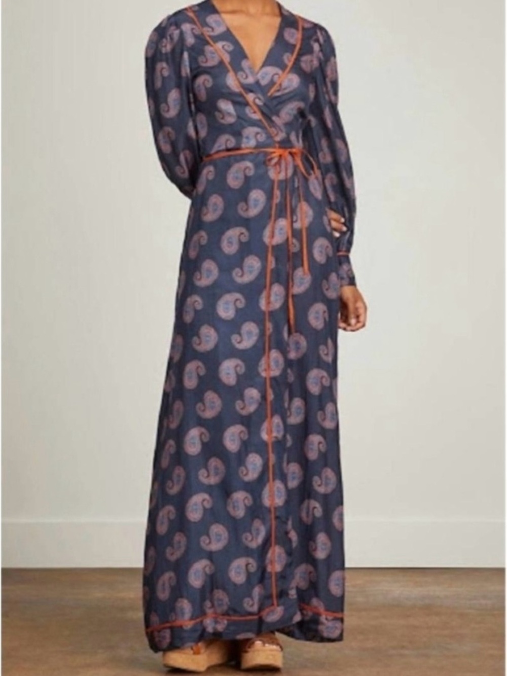 Hannah Artwear Silk Paisley Wrap Maxi Dress Size 0 Navy Puff Sleeve